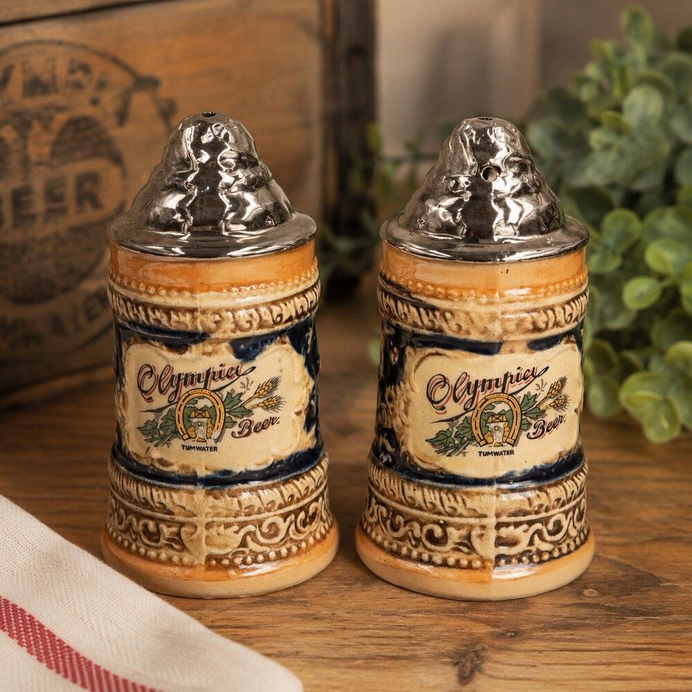 Vintage Olympia Beer Salt Pepper Shakers Japan Ceramic Stein Set Tumwater WA
